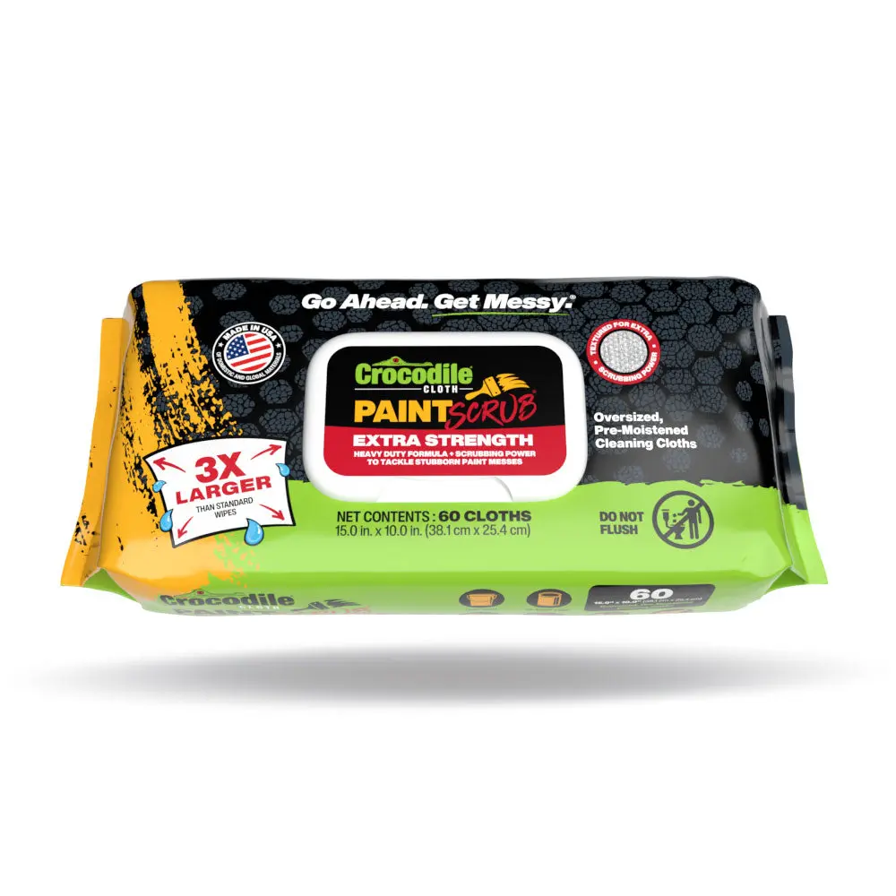 Crocodile Cloth PaintSCRUB (60-Count)Heavy Duty Paint Cleanup Wipes. Dual-Sided Scrubbing Wipes for Paint, Adhesives, Spray Foam, Tar, Silicone, Resin & Uncured Epoxy. Professional Cleaning Wipes for Contractors & DIYers