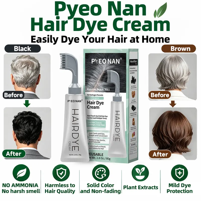 PYEONAN Unisex 2-in-1 Professional Hair Dye Comb - Plant-Based Cream for Adults, No Bleaching, Natural Black/Dark Brown Grey Coverage, Conditioning, Color Extending, Herbal Nourishing Shine, 2.8oz/80g, Natural Hair Coloring (Patch Test Recommended)