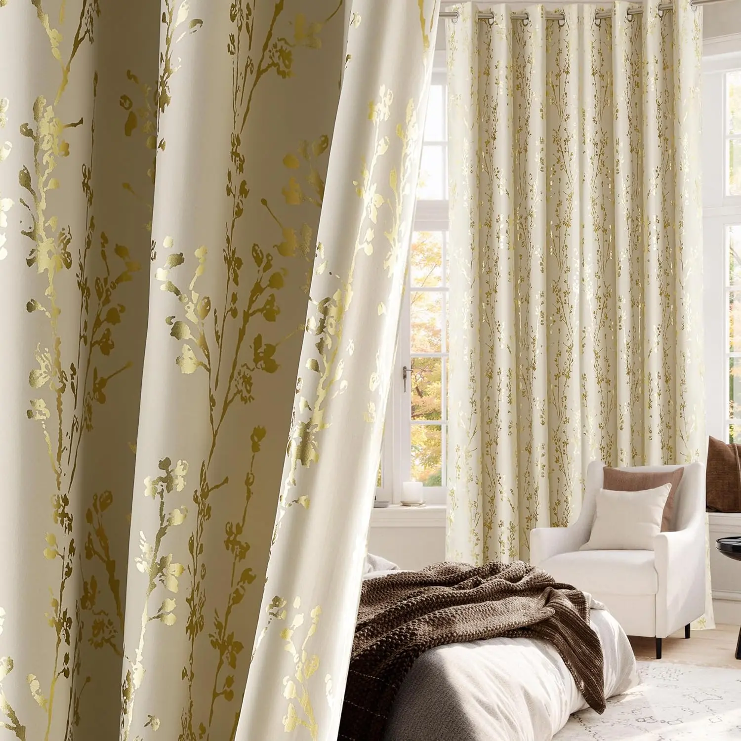 NICETOWN 100% Blackout Floral Beige Curtains for Bedroom, Gold Foil Printed Grommet Thermal Drapes Branch Pattern Window Treatments for Living Room, W52 x L84, 2 Panels