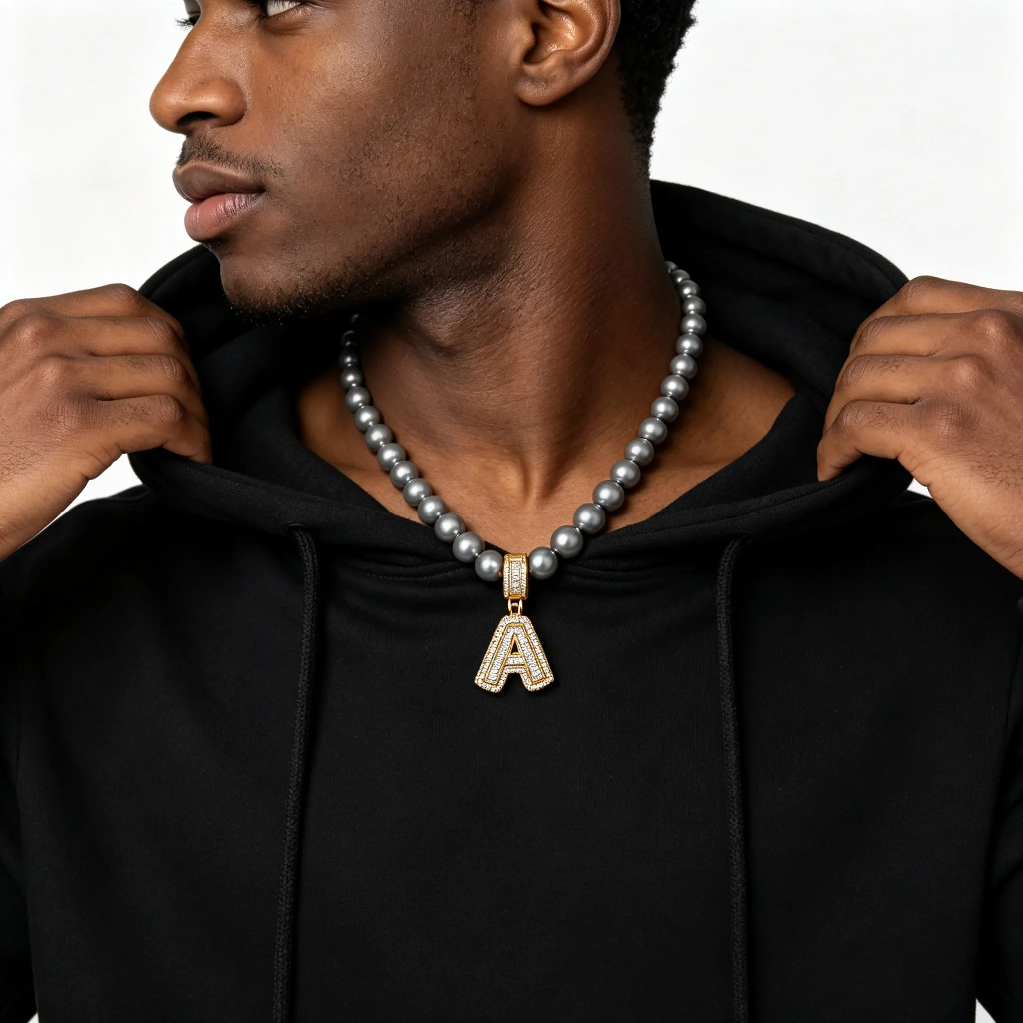 Personalized Men’s Gold Letter Pendant with Pearl Bead and Shiny Crystal, A-Z Custom Charm Necklace for Everyday Wear, Great Gift Idea for Him on Father’s Day, Valentine’s Day or Birthday Celebration