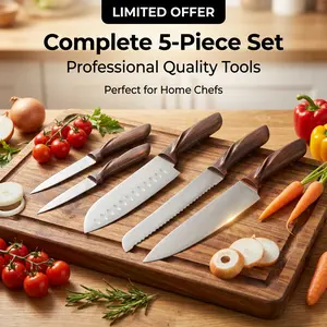 Kitchen Knife Set, 5-Piece Professional Chef Knife Set with 9Cr18 Stainless Steel Blades & Ergonomic Wood Handle, Sharp & Durable Knives for Cutting Meat, Vegetables, Bread & Fruits, Ideal for Home Cooking