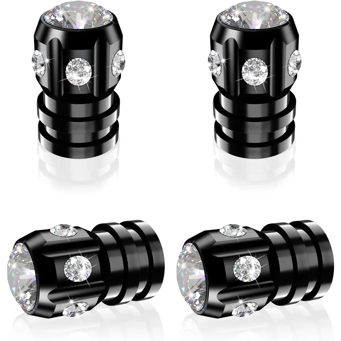 Tire Valve Caps, Bling Valve Stem Caps with Sparkly Rhinestones, Tire Caps 4 Pack for Cars SUVs Trucks Motorcycles Bikes, Anti-Fading Coating, Corrosion Resistant, Air Leakproof - Black