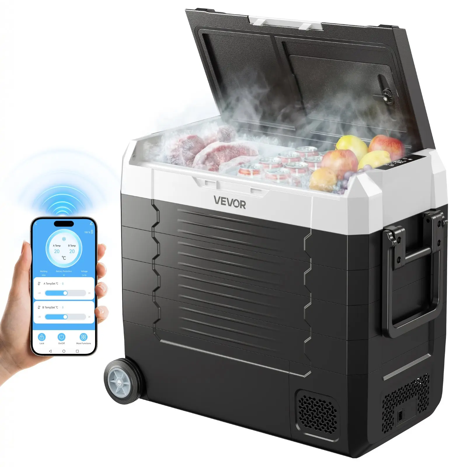 【Summerfinds】VEVOR Portable Car Refrigerator, 58 QT Dual Zone Compressor Electric Cooler, DC 12/24V AC 100-240V, -4°F to 68°F, APP Control, Wheels Included for RVs, Camping, Portable Fridge