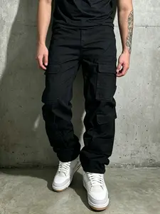 SRETOUU Men's Black Multi-Pocket Baggy Cargo Jeans Fashion High Street Men Straight-Leg Long Pants Baggy Wide-Leg Denim - Fabric
