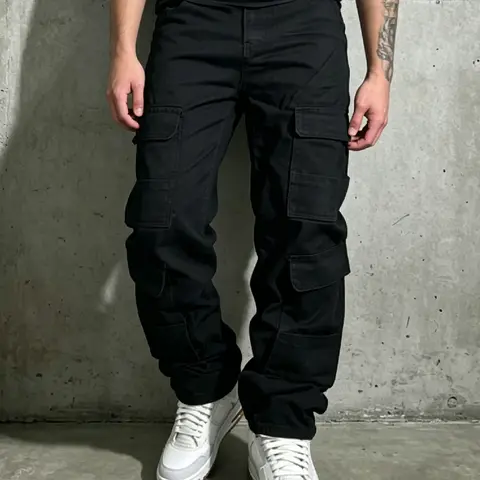 SRETOUU Men's Black Multi-Pocket Baggy Cargo Jeans Fashion High Street Men Straight-Leg Long Pants Baggy Wide-Leg Denim - Fabric