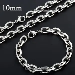 Hermah 10mm Rolo Cable Mens Boys Necklace Chain Stainless Steel Fashion Cool Necklace Bracelet Jewelry Set