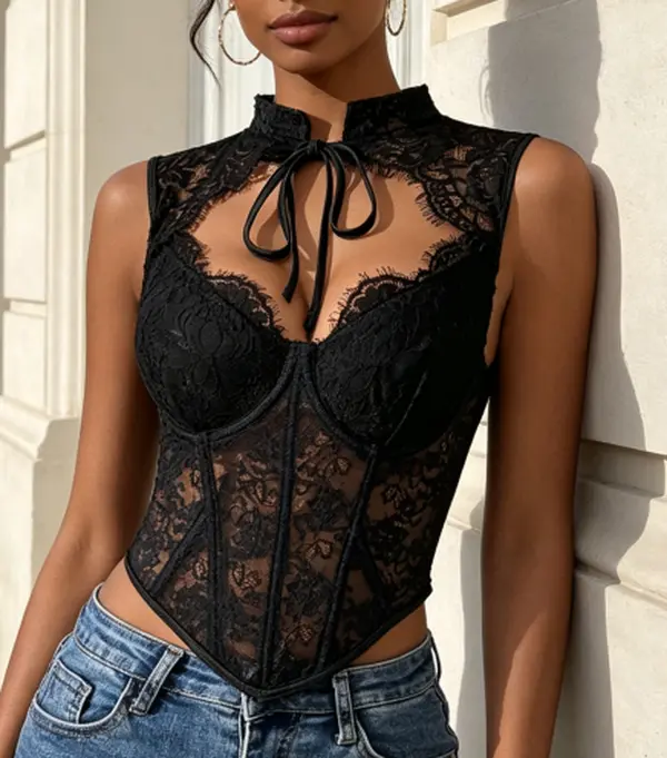 Sleeveless Boxy Corset Lace Hollow Tie Neck Slim Crop Bustier Top