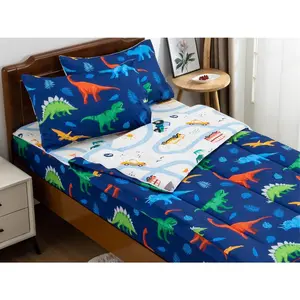 Dinosaur Printed Zipper Bedding Sets Twin Lightweight Microfiber Leaf Comforter Set with Fitted Sheet Pillow Covers,Blue