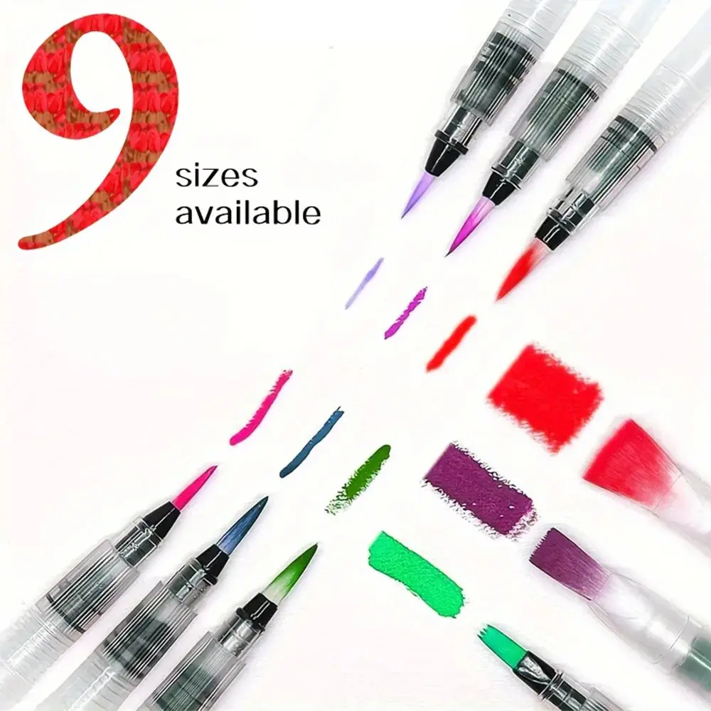 9pcs Watercolor Brush Pens Set Super Easy To Use And Fill Multi Purpose Artist Grade Watercolor Brushes for Water Soluble Colored Pencil Aqua Brush Pen DIY Painting & Lettering Art Supplies Art Materials Craft Supplies