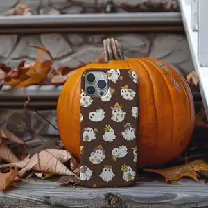 Cute Halloween Phone Case, Ghosts & Flowers, Brown Cover for iPhone 15 14 13 12 11 Pro Max, Textured Phone Case, Phone Cases with Charms, Horror Movie Phone Case, Tempered Glass Phone Case, Phone Case Vintage