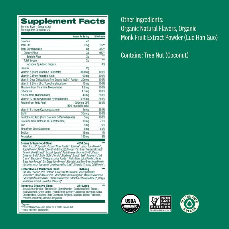 Suja Organic Greens Superfood Powder (30srv) - 40+ Functional Ingredients, Greens, 15+ Vitamins & Minerals, Probiotics, Adaptogens