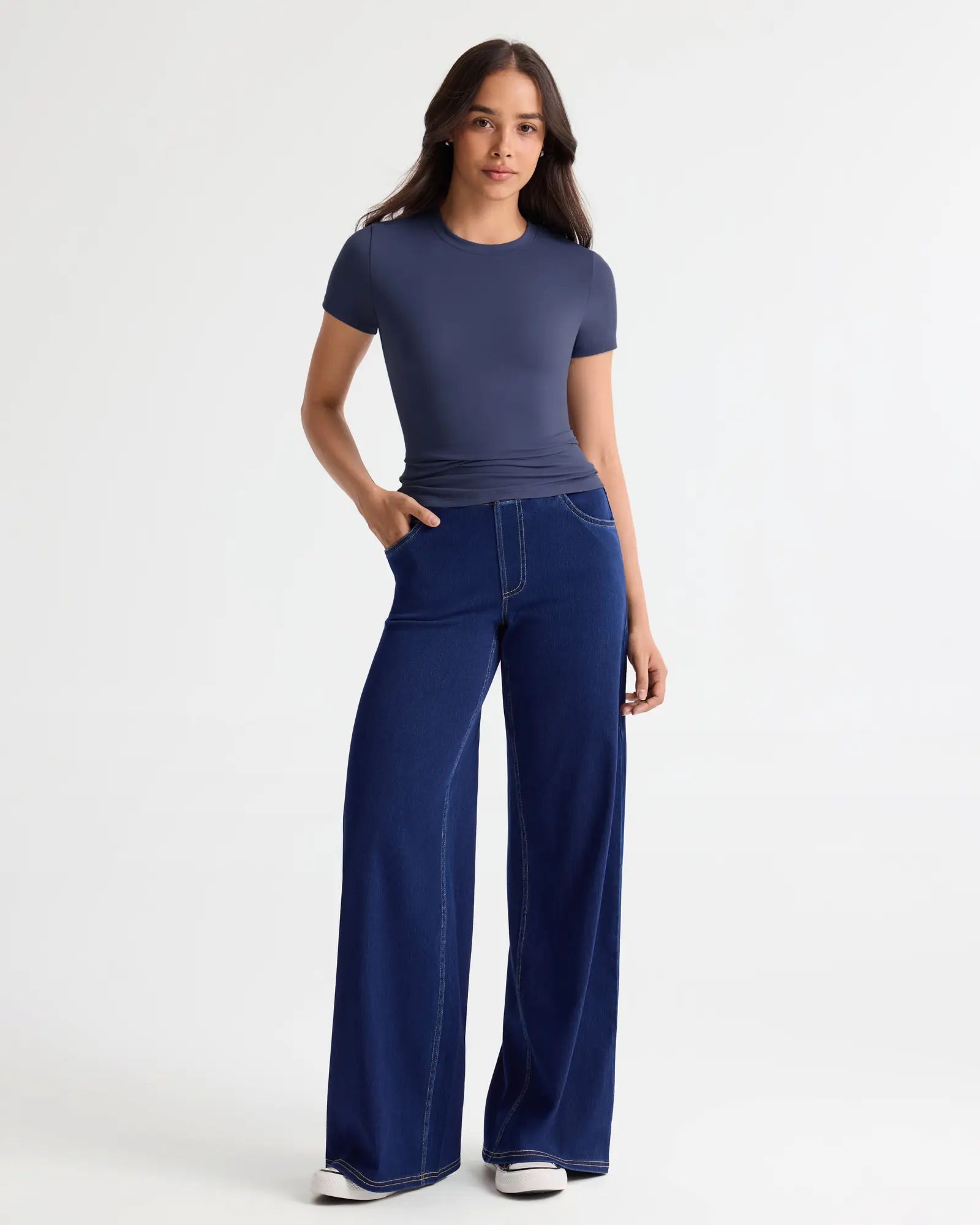 SOLBRACE Women High Waist Pull-On Wide Leg Stretch Jeans, Lightweight Cooling 4-Way Stretch Denim, Double Layer Tummy Control Waistband, Multi Inseam 28"/30"/32", Casual Daily & Work Denim Pants