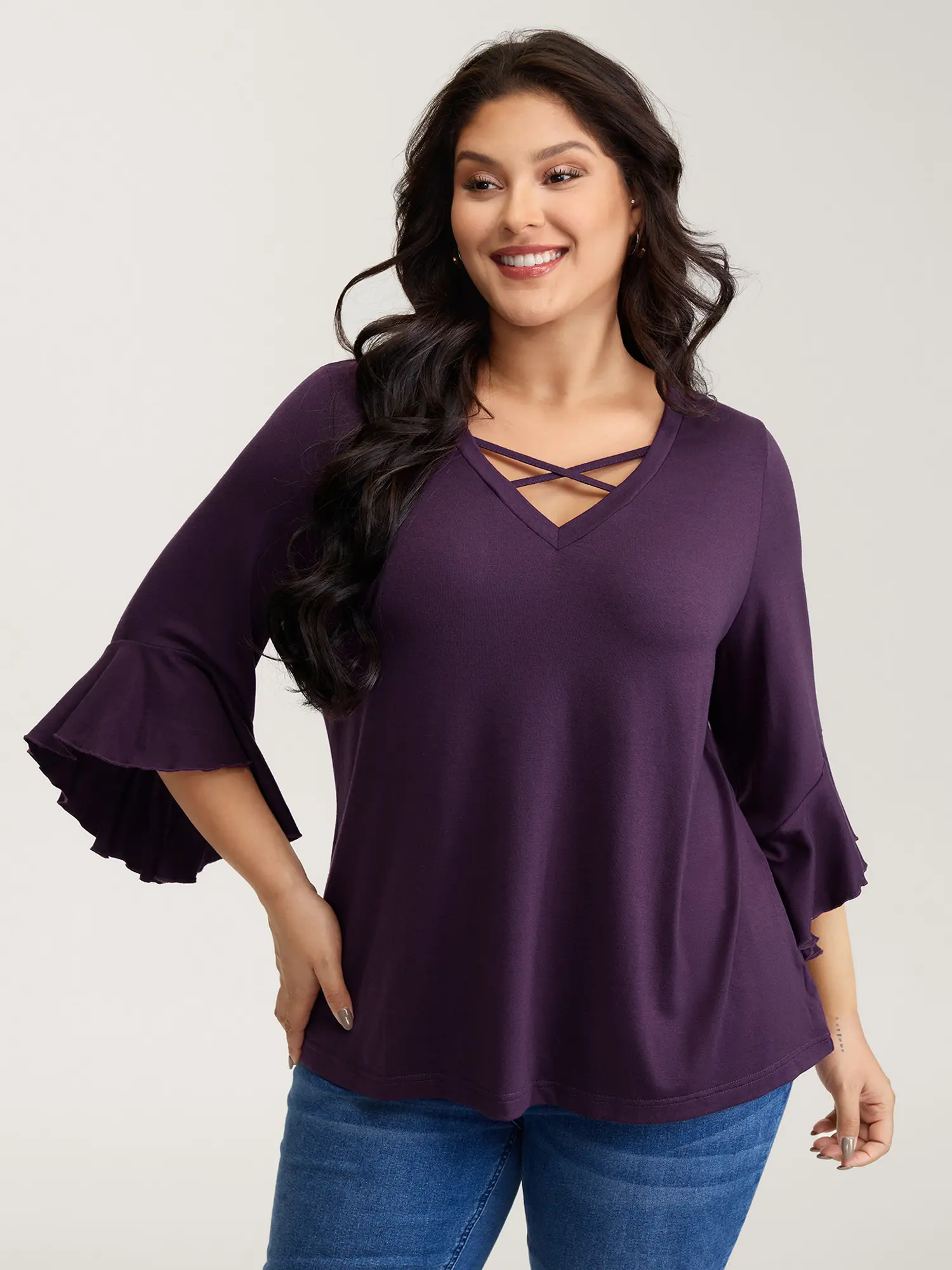 BloomChic Women's Stylish Knit Blouse, Timeless V-Neck Shirt with Elbow-Length Ruffle Sleeves and High Stretch Fabric, Shirts, Women's Clothes, Garment, Stylish Women's Wear