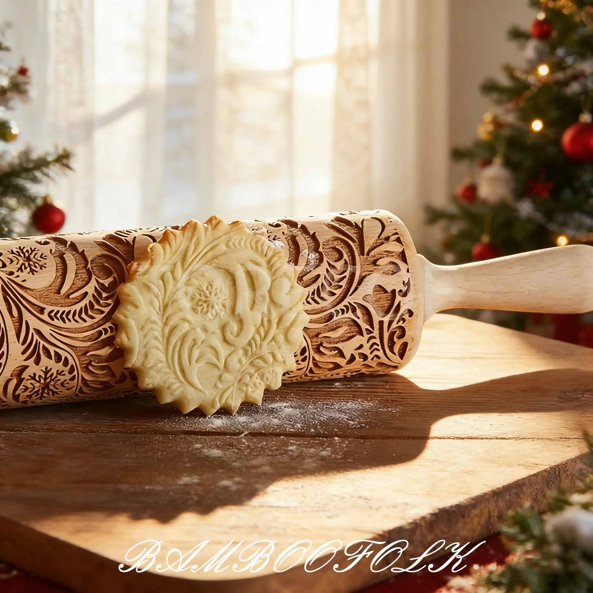 1pc Christmas Snowflake Vine Embossed Wooden Rolling Pin for Baking, Deep Engraved Cookie Cutter For Baking Embossed Cookies,Cute Kitchen Decor DIY Tool for Adults, birthday gift women,gift women, mom birthday gift