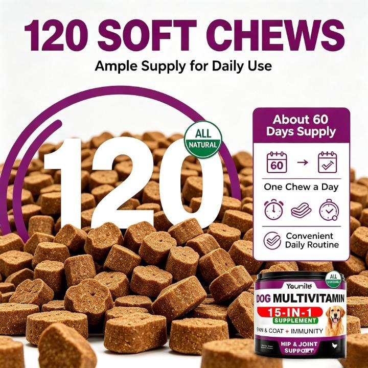 15-in-1 Dog Multivitamin Soft Chews Bulk Pack - Chicken Flavor, Probiotics & Gut Support, Immune Support, 120 Treats
