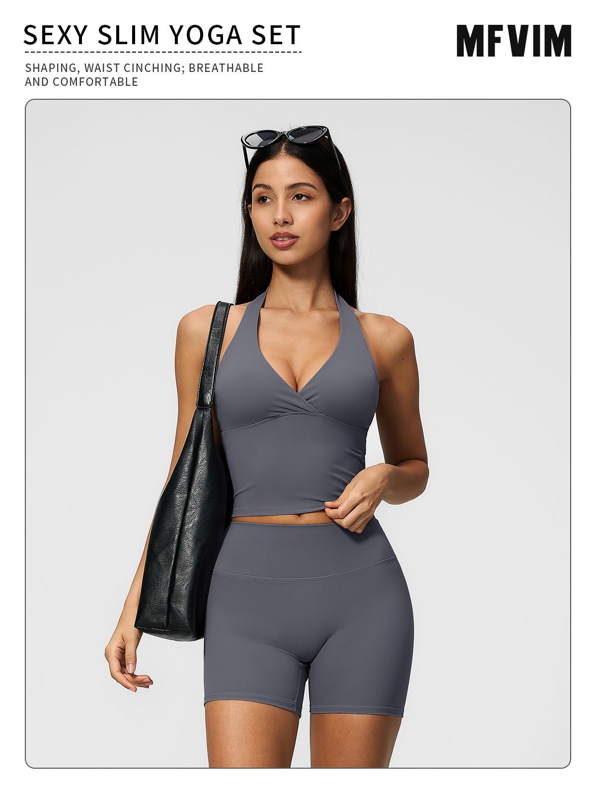 MFVIM Women’s V-Neck Halter Long Yoga Set — Back-Enhancing Waist-Defining Tank Top & High-Waisted Butt-Lifting Sports Shorts, Two-Piece Set,back to school,back to school haul