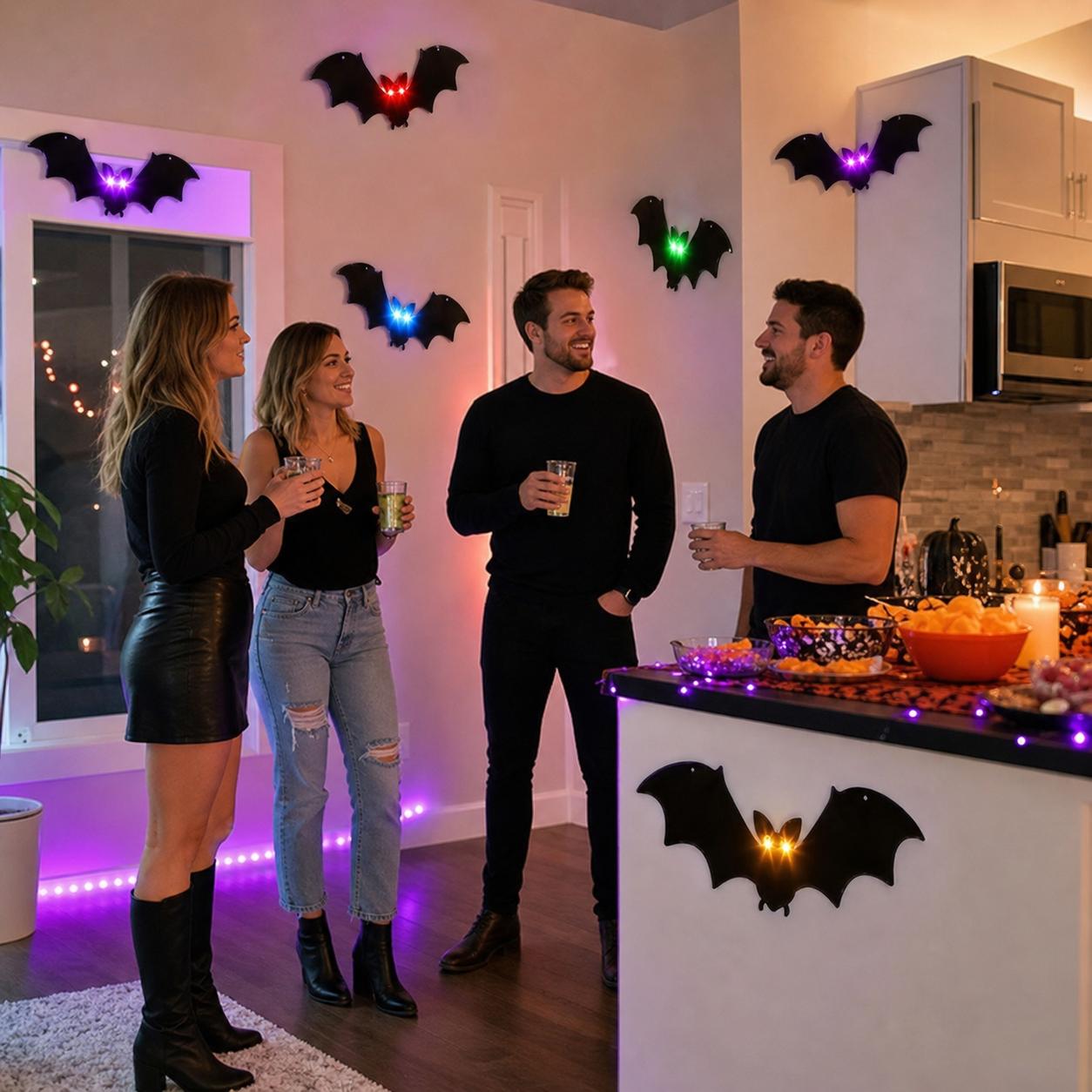 12PCS Bat Light Design LED Decorations 12pcs/24pcs/36pcs Set Spooky Ornaments for Home Party Festival Halloween Easy Install Wall Stickers Smooth Application - Decorative(Non-remote)