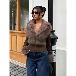 Women Patchwork Faux Fur Jacket, Zipper Long Sleeve Street Style Coat, Thick Fabric for Fall Winter