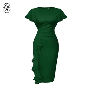 OYV Women's Vintage Elegant Church Ruffle Sleeve Ruched Bodycon Work Midi Pencil Dress OYV Women's Vintage Elegant Church Ruffle Sleeve Ruched Bodycon Work Midi Pencil Dress