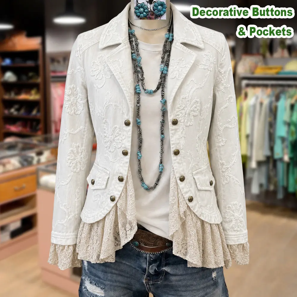 Cherrybetty 100%Cotton Elegant Flower Embroidered Lace Patch Cotton Jacket Casual Womenswear Coats Long Sleeve Outerwear Decorative Buttons & Pockets