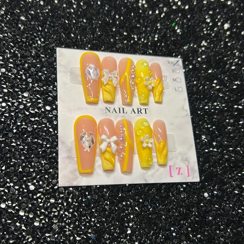 Yellow and Nude Press On Nail Art - Long Coffin Shape, Includes Application Kit, Size XS, Available in Various Designs