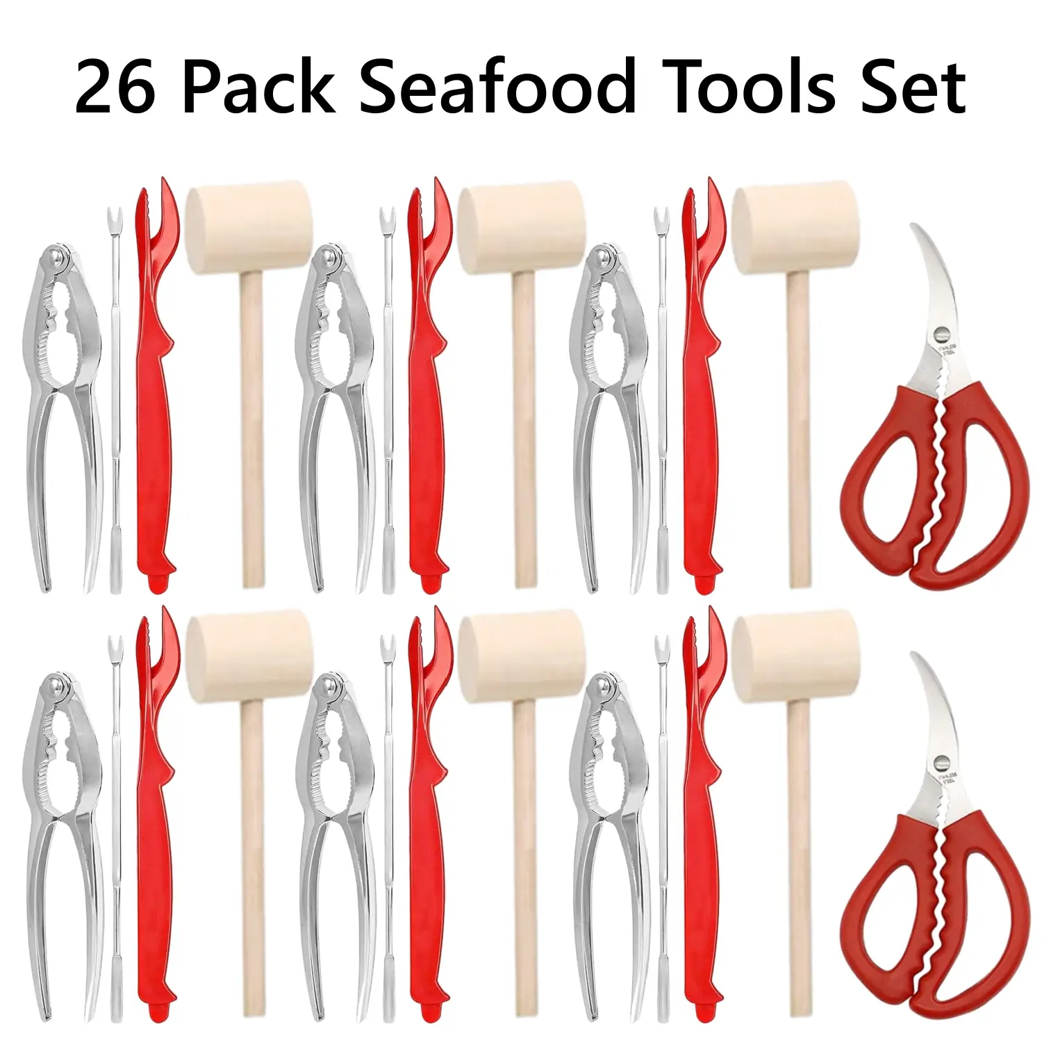 26 Pack Seafood Tools Set, Crab Crackers And Tools Set, Include 6 Crab Crackers, 6 Shellfish/Seafood Forks, 6 Plastic Lobster Shellers, 6 Lobster Crab Mallets & 2 Seafood Scissors