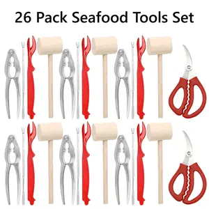 26 Pack Seafood Tools Set, Crab Crackers And Tools Set, Include 6 Crab Crackers, 6 Shellfish/Seafood Forks, 6 Plastic Lobster Shellers, 6 Lobster Crab Mallets & 2 Seafood Scissors