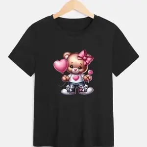 YOZY Women's Summer Outfits 2024Cartoon Bear Print Round Neck Tee, Cute Short Sleeve Crew Neck T-Shirt for Summer, Fashion Casual Women's Top for Daily Wear