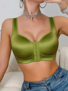 5 Pack Satin Front Closure Bra Set, Seamless Wireless Comfort Push Up Bralette for Daily Wear, Fabric, Smooth, Day