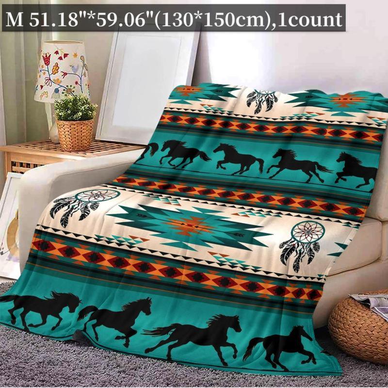 Horse & Geometric Pattern Flannel Blanket, 1 Count Soft Comfortable Throw Blanket, Warm Napping Blanket for Home Office Travel Camping