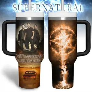 Supernatural TV Series Series 20th Anniversary V1 40oz Tumbler With Handle, Stainless Steel Travel Mug, Large Capacity Insulated Cup, Gift For Him For Her
