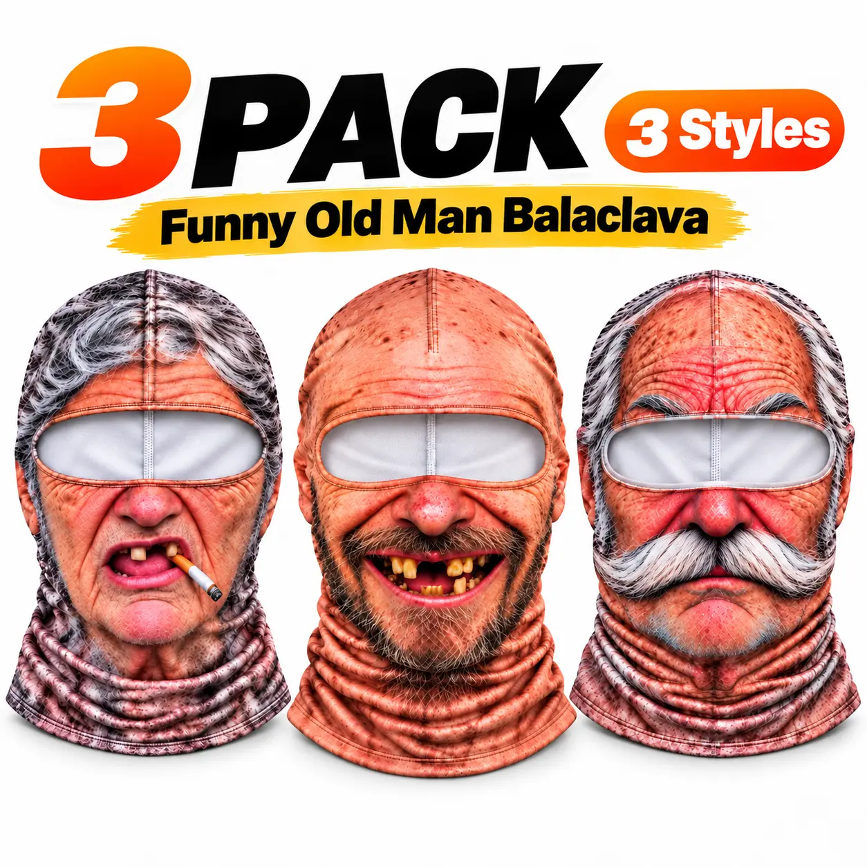 3 Pack Funny Old Man Ski Masks, Realistic 2D Printed Balaclava Face Covers, Novelty Full Face Headwear for Costume Parties, Pranks and Outdoor Wear