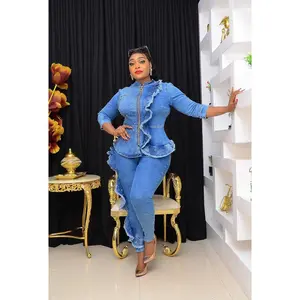 Luxury Denim and Diamonds Party Outfit, Matching Ruffled Stretch Curvy Jeans Top & Pants Cotton Sparkly Rhinestone Birthday Graduation Date Night Ladies Concert Graduation Casual Party Wear two piece set matching sets for women
