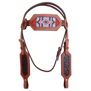 Hilason Western Horse Headstall Bridle American Leather Brown Beaded Crocodile