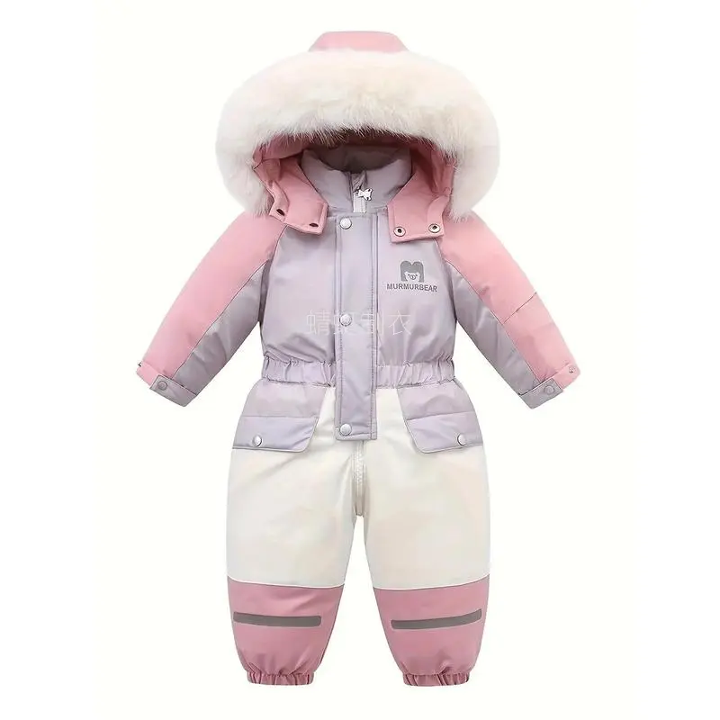 Girls’ Winter Polyester Knit Ski Suit - Color Block/Animal Print, Fleece-Lined Thick, Pockets, Long Sleeve, Sports Bottoms, for Skiing/Snowboarding, Sizes 1-2Y, 3-4Y