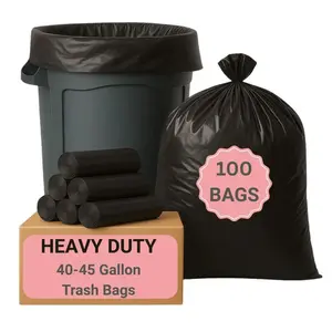 Heavy Duty Trash Bags 40-45 Gallon, 40x46 in 1.5 Mil Thick, Black Garbage Bags, Flat Top, 10 Bags/Roll x 10 Rolls (100 Bags Tota