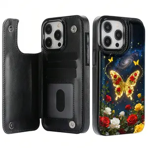 Beautiful Glowing Butterfly and Starry Sky Pattern Leather Card Holder Phone Case,Suitable for iPhone 17 Air/16 Plus/15 Pro Max/14 Pro/13/12/11/XS Max/X Phone Case, Perfect Gift for Family,Friends,Lovers,Boyfriend,Girlfriend on Thanksgiving and Christmas