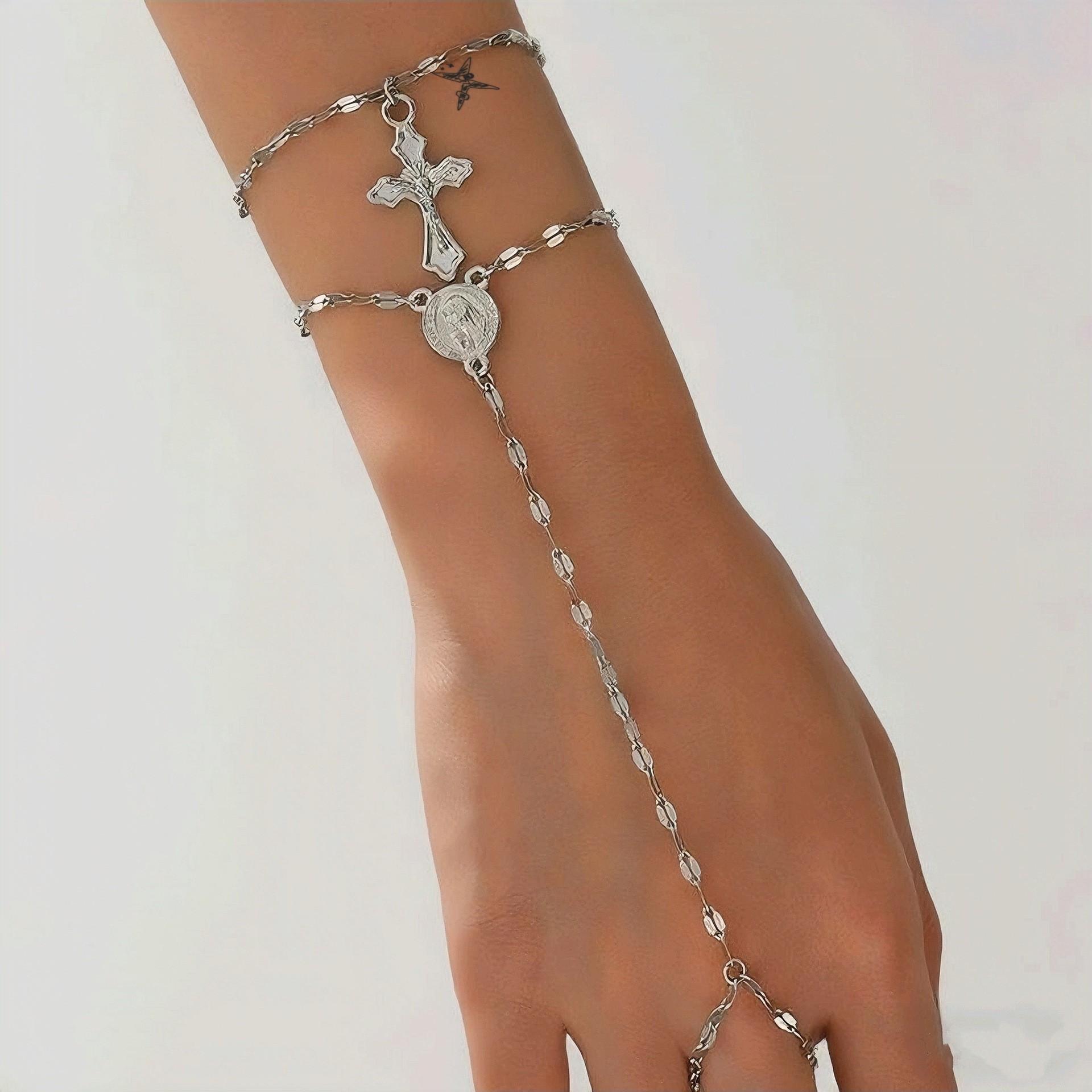 Gold Layered Hand Chain Bracelet with Cross and Virgin Mary Pendant, Dainty Sequins Chain Slave Bracelet Ring Combo for Women and Girls, Religious Jewelry