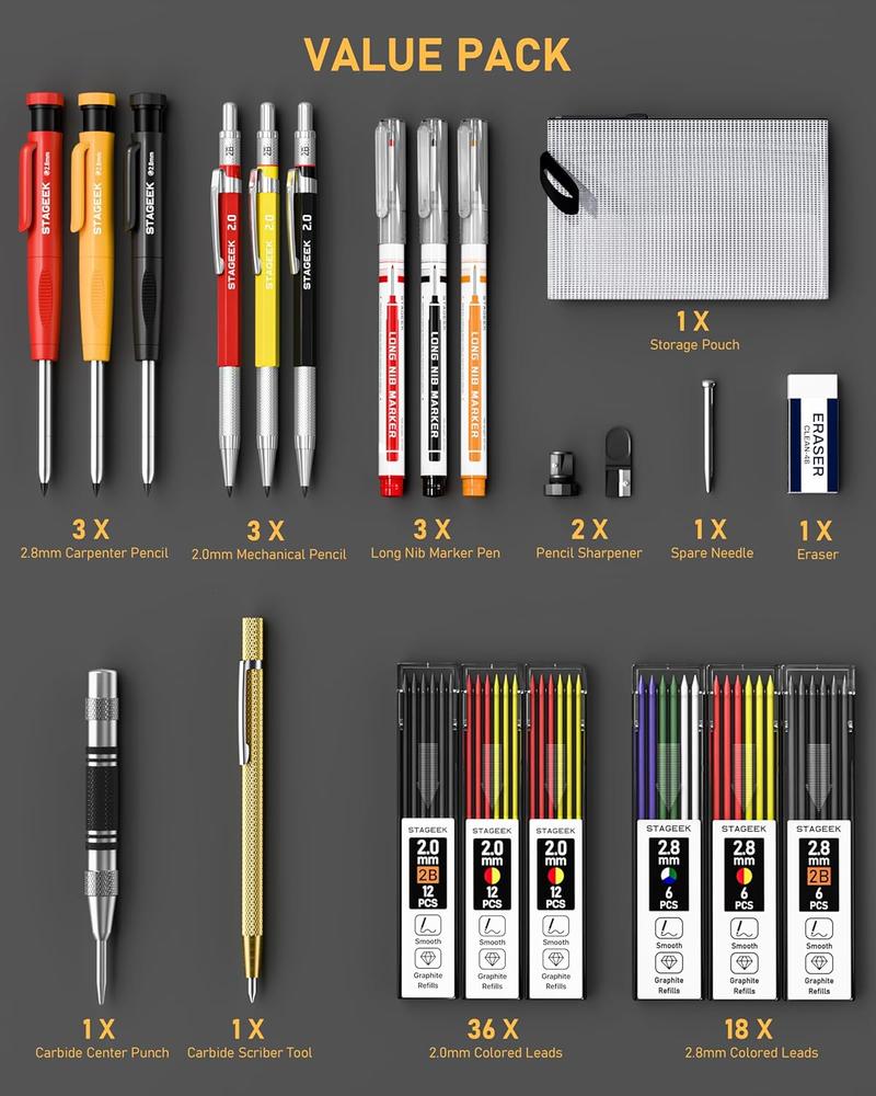 STAGEEK 22 Pack Mechanical Carpenter Pencil Set with Sharpener 60 Refills, Automatic Center Punch, Carbide Scribe Tool, Eraser and Deep Hole Marker Pen, Heavy Duty Construction Pencil for Architect-With Pouch,Art Supplies