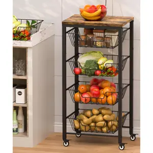 Fruit Vegetable Storage Cart for Kitchen, 5-Tier Vegetable Stand Rack with Pull-Out Fruit Baskets, Rolling Snack Cart with  Top & Banana Holder for Pantry, Living Room, Bathroom, Black