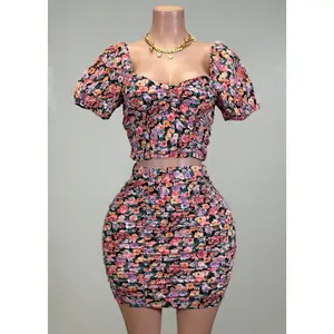 NIXIE BLACK/CORAL FLORAL RUCHED TOP & SKIRT SET