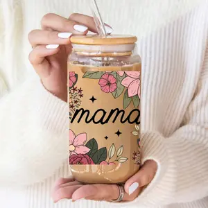 Flowers for Mama 16oz Glass or Acrylic Cup - Durable Permanent UV DTF Wrap, Ideal for Coffee and Beverages cups mothers day gift coffee cup