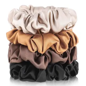 4 Pack Mulberry Silk Scrunchies, Brown Silk Hair Ties for Hair Sleep No Damag Satin Scrunchies Stocking Stuffers Gifts for Women Girl