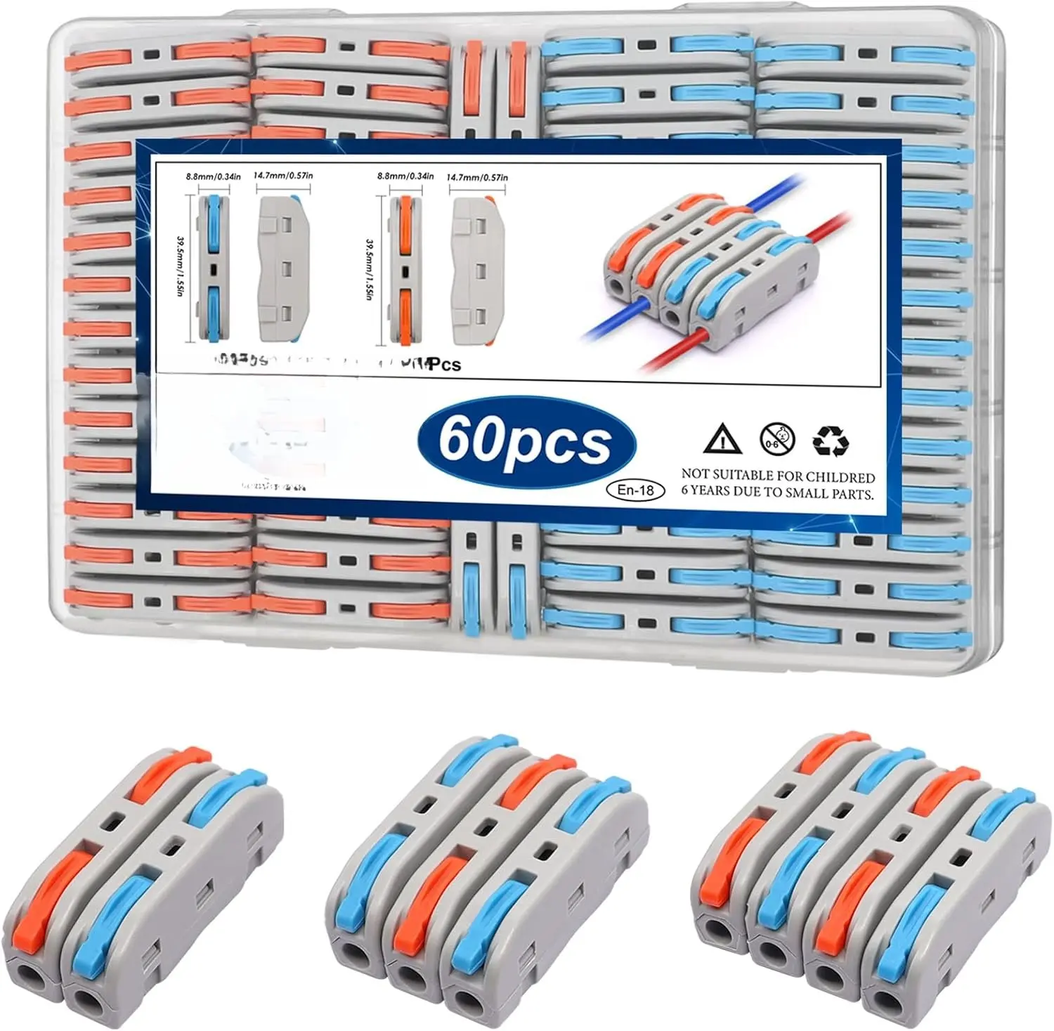 60 count Lever Wire Connectors 28-12 AWG Quick Connect Electrical Splicing Kit for Circuit Inline 1 in 1 out