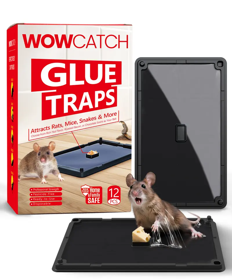 Wowcatch Indoor Sticky Glue Traps 16/24 Pack Assorted Sizes S/M/L Pet Safe Non Toxic with Bait Slot Effective for Mice Rats Roaches Ideal for Home Kitchen Pest Control