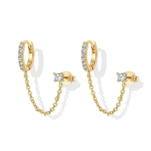 Moissanite Chain Earrings for Women | Double Piercing Dangle Chain Huggie Hoop Earrings | Cubic Zirconia Single Stud Ear Cuff Earrings for Women