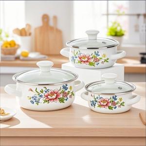 flower pattern enamel cookware set, including saucepan & frying pan & milk pot with lid, kitchen cooking utensils set