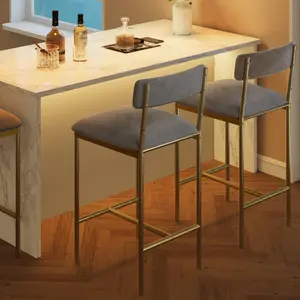 Bar Stools Set of 2, Kitchen Bar Stools with Footrest, 25.5 Inches Upholstered Bar Chairs with Back, 2 Counter Height Barstools for Counter Bar, Island, Easy Assembly, Gray-Gold
