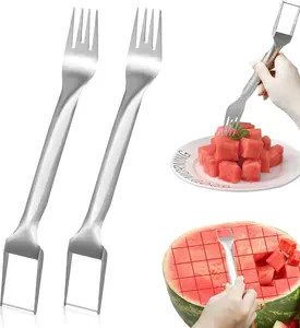 Stainless Steel 2-in-1 Watermelon Fork Slicer Cutter Portable Fruit Slicer for Home Party Camping Kitchen Gadget 2Pcs