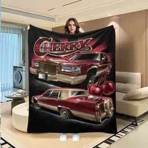 American Vintage Style Lowrider Print Flannel Blanket, Background Gold Car Cherry Decoration, Soft Warm Bed Cover for Car Enthusiasts